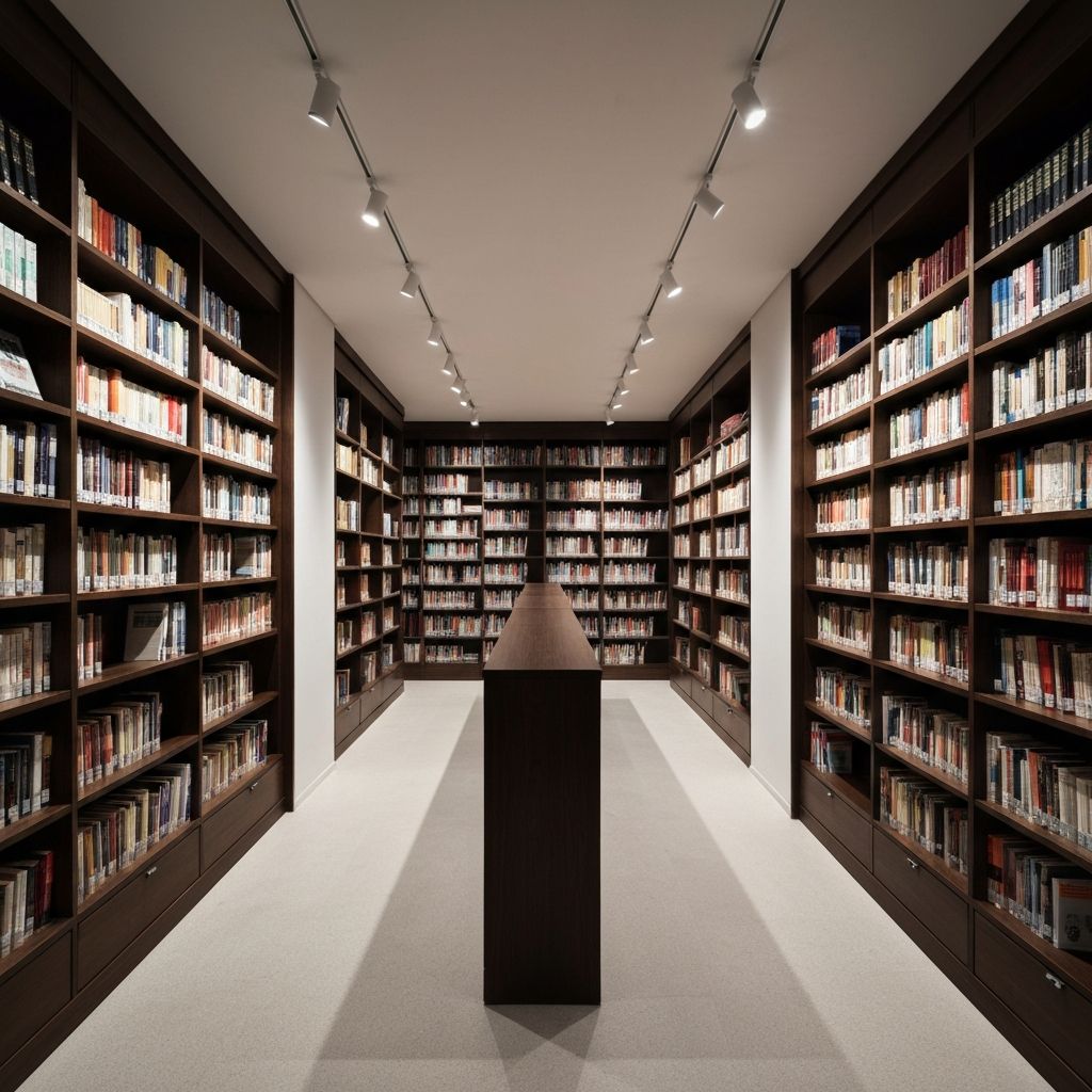 Interior of institutional research center with dark wood shelving and books in professional library setting