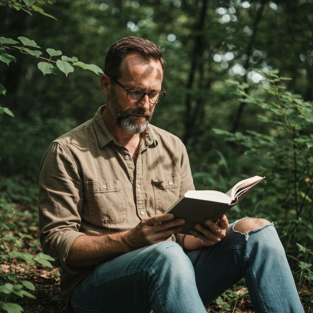Man reading book in peaceful natural setting with sunlight through leaves demonstrating focused learning