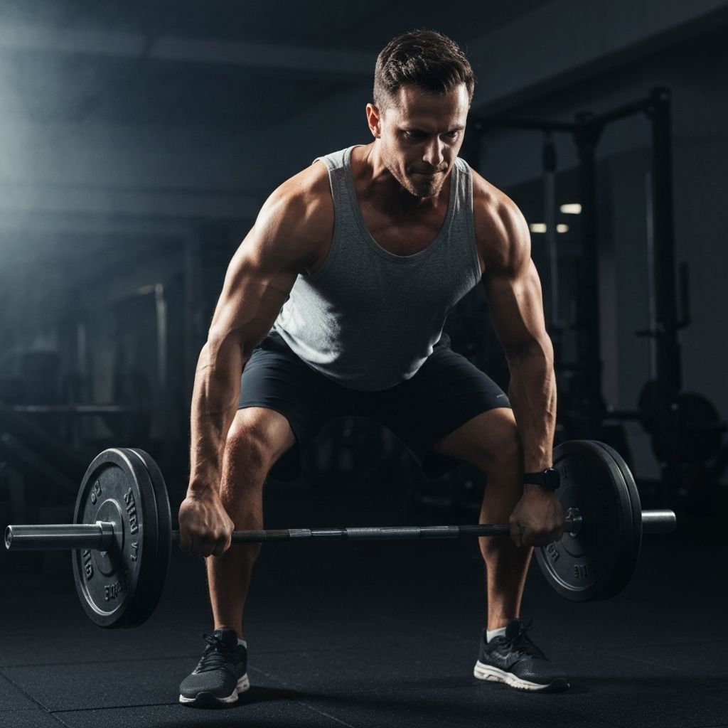 Man strength training with proper form using weights in gym setting demonstrating controlled movement