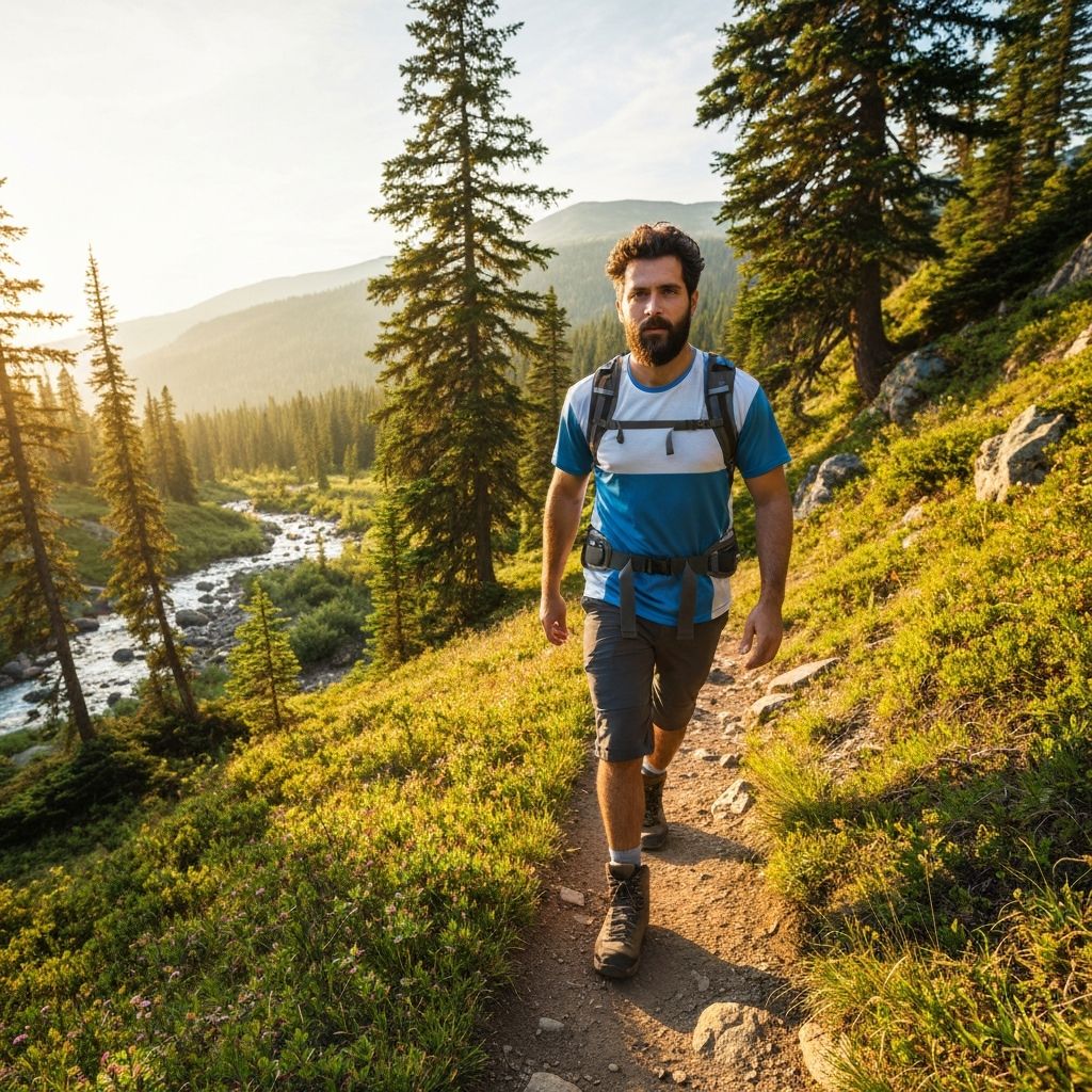Man hiking on mountain trail with natural landscape scenery demonstrating active outdoor wellness activity