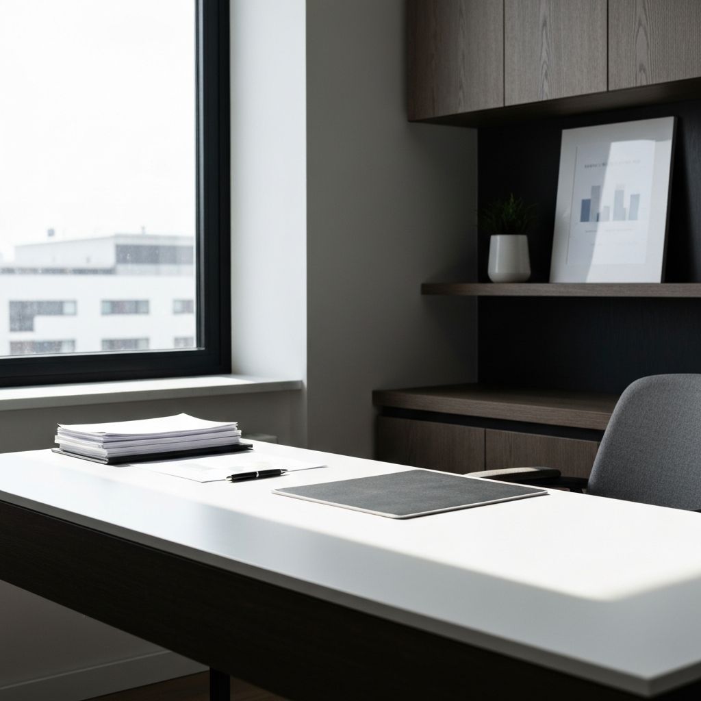 Minimalist modern office workspace with clean desk and natural light demonstrating professional focused environment