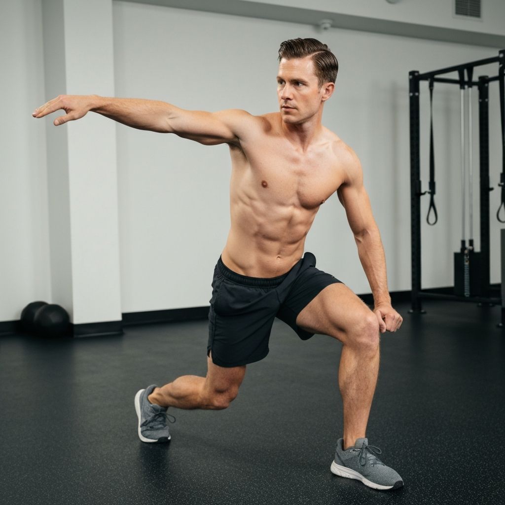 Man demonstrating proper exercise form during controlled workout movement with focus on technique