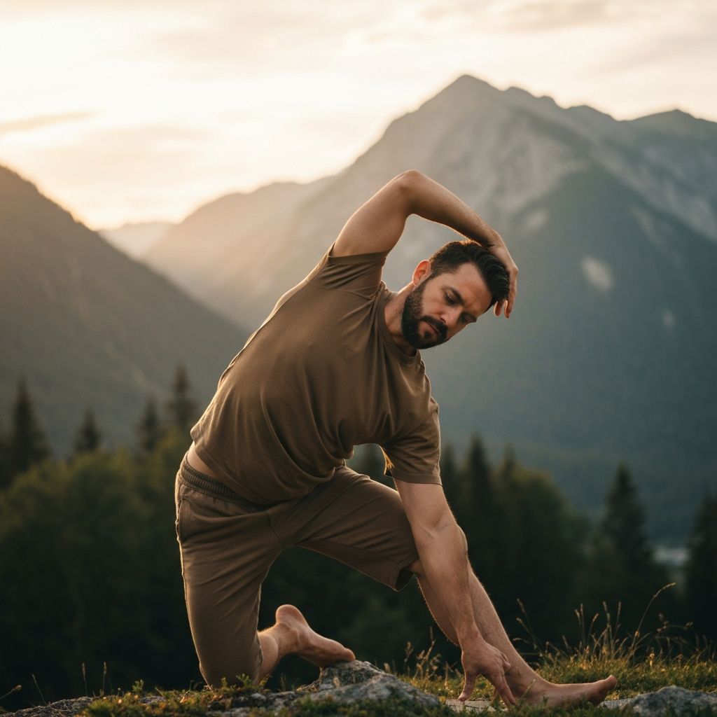 Man practicing yoga stretching in natural outdoor mountain setting with golden hour atmospheric lighting